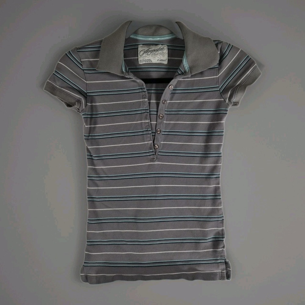 Vintage Y2K Aeropostale Womens XS Gray Blue Striped Polo Shirt Preppy 2000s